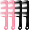 A set of three pink and black wide tooth detangling hair combs.