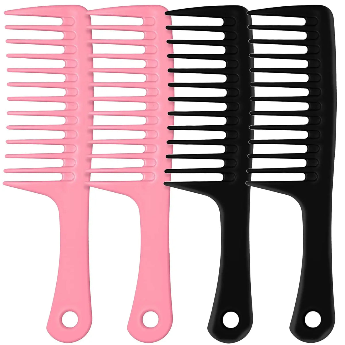 A set of three pink and black wide tooth detangling hair combs.