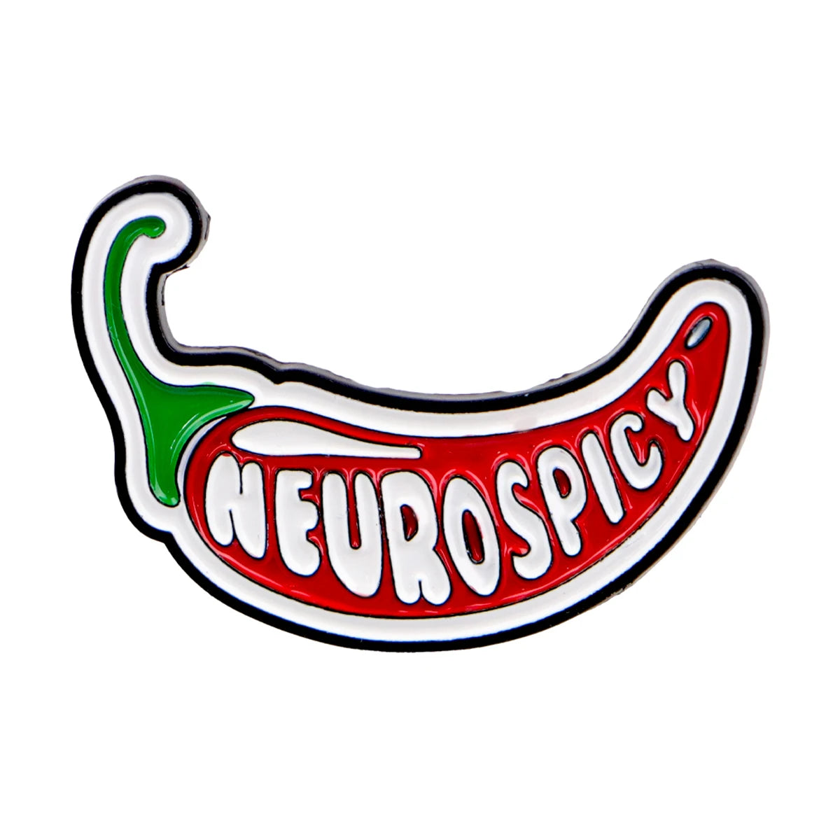 A red enamel pin shaped like a chili pepper with the word NEUROSPICY written on it.