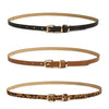 A set of three slim PU leather belts in brown, tan, and leopard print patterns with vintage buckles.