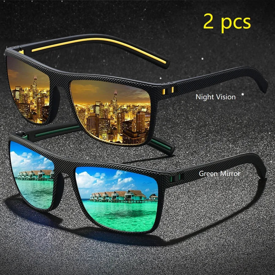 A pair of vintage check pattern sunglasses shown with a night vision lens and a green mirror lens.