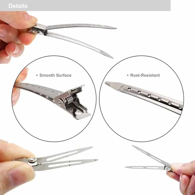 Close-up view of professional fixed hair pins showing various angles and features.