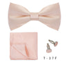 A light pink bow tie and cufflinks set displayed on a white background.