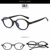 A pair of round black computer glasses shown from the front and back.