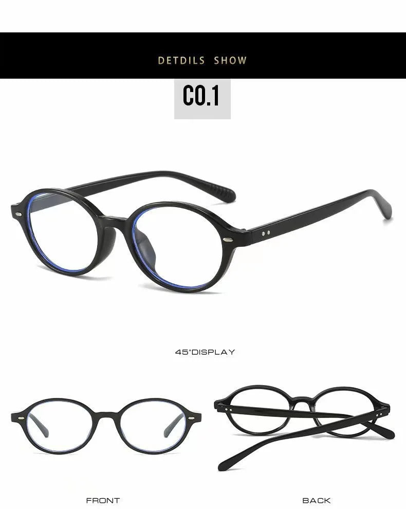 A pair of round black computer glasses shown from the front and back.