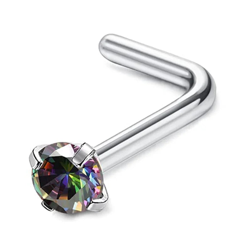 A silver surgical stainless steel nose piercing stud with a clear faceted gemstone.