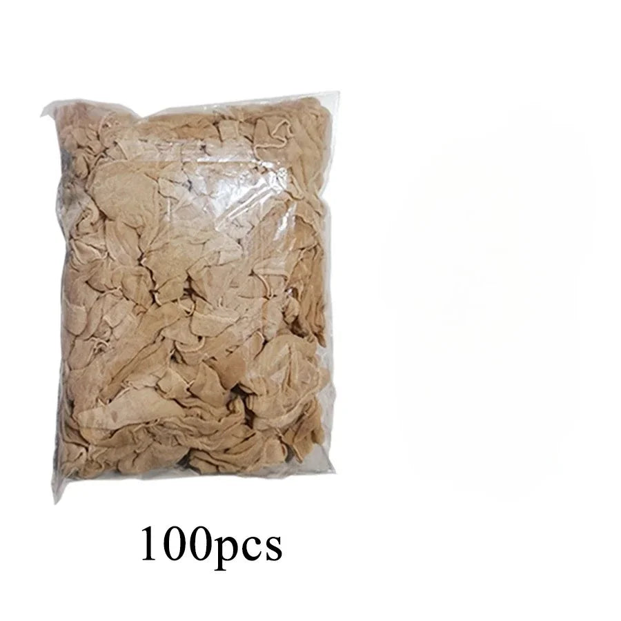 Durchsichtige Plastiktüte mit 100 unsichtbaren, dehnbaren Haaraufsätzen für Lace-Front-Perücken.