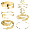 A set of six gold-plated swirl cuff armbands shown in various styles and sizes.