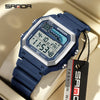 A blue digital sports wristwatch with a stainless steel bezel and light blue display showing time and alarm features.