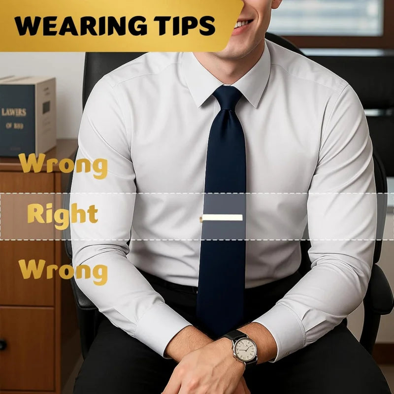 A man in a white shirt and dark tie sits, demonstrating wrong and right ways to wear a tie clip.
