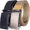 A tactical canvas utility belt shown with black and tan webbing and a silver buckle.