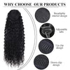 A bundle of long, black curly hair extensions with adjustable tabs and clip designs shown next to a circular view.