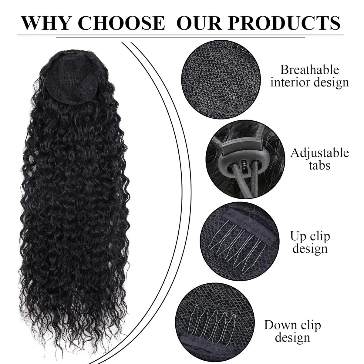 A bundle of long, black curly hair extensions with adjustable tabs and clip designs shown next to a circular view.