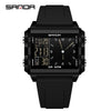 A black digital wristwatch with a luminous display showing the time and date.