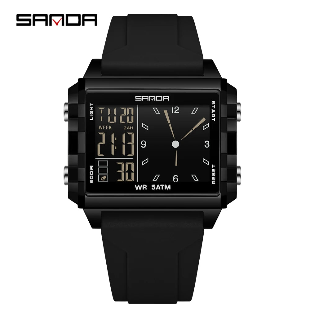 A black digital wristwatch with a luminous display showing the time and date.