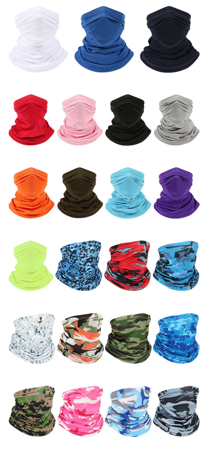 A collection of various colored sun protection head scarves and neck gaiters.