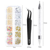 A set of 4 rhinestone nail art decorations packaged in a clear plastic case with an applicator tool.