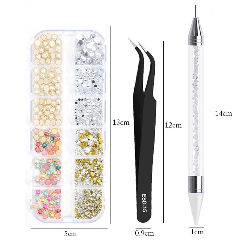 A set of 4 rhinestone nail art decorations packaged in a clear plastic case with an applicator tool.