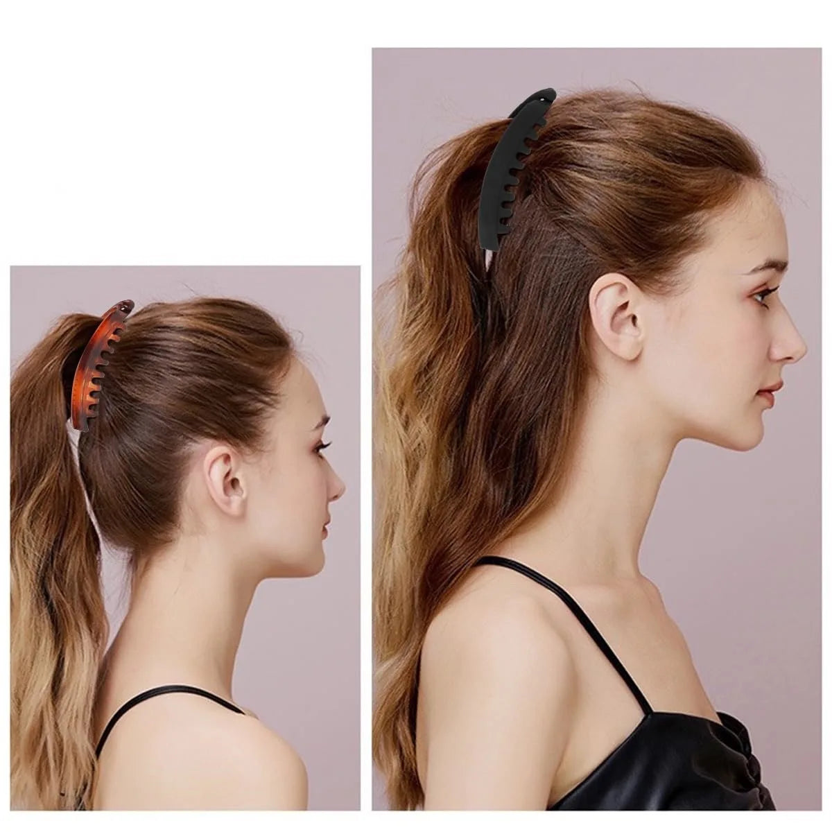 A woman's hair is styled with large banana hair clips, showing the clips and the finished hairstyle.
