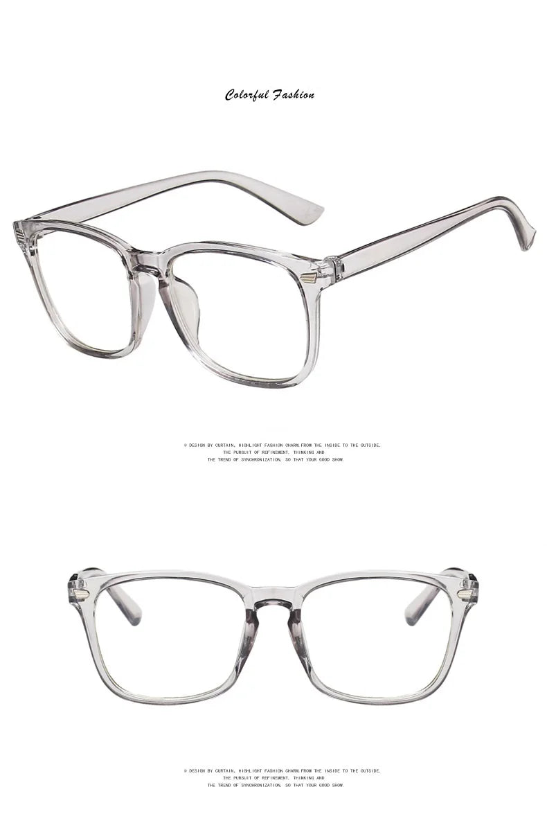 Une paire de lunettes claires et minimalistes avec des montures métalliques fines, montrées en studio.