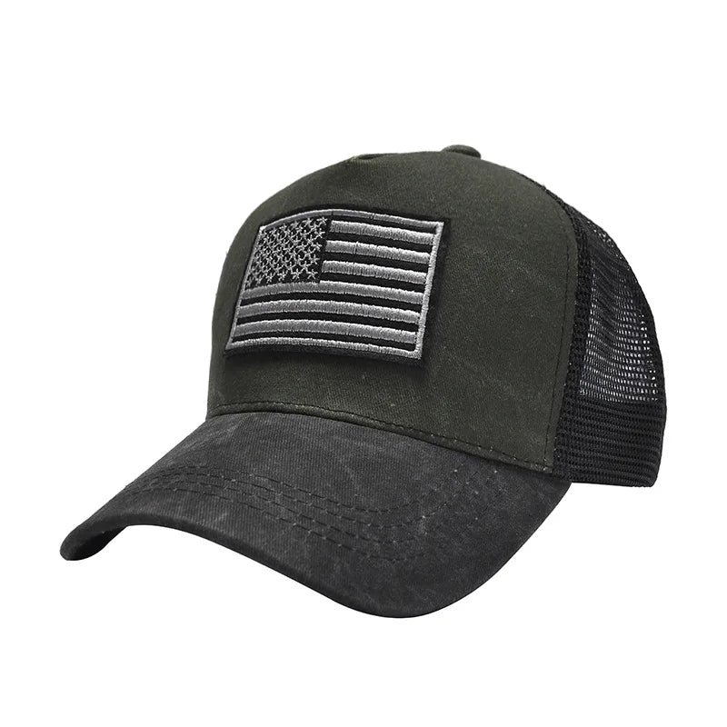 Black unisex tactical baseball cap featuring a gray and white American flag patch on the front.