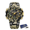 A luxury men's chronograph dive watch with a camouflage patterned strap and gold accents.