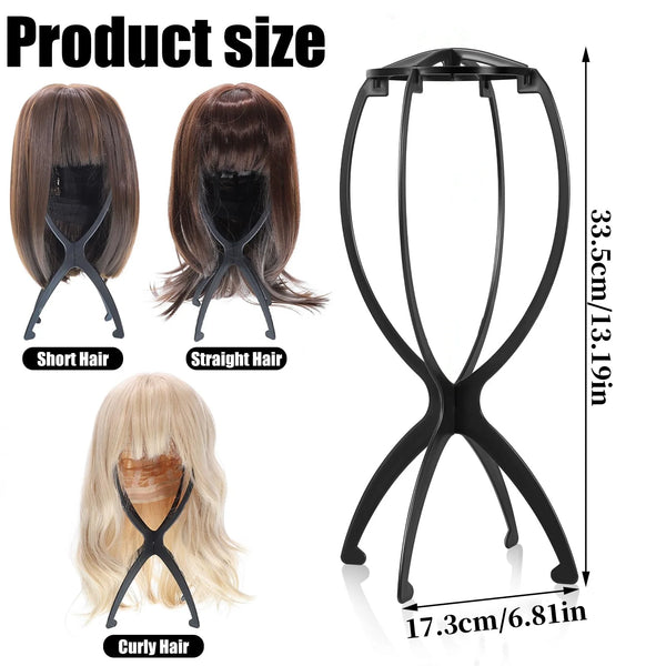 Black portable folding wig display stand showing short, straight, and curly hair styles.