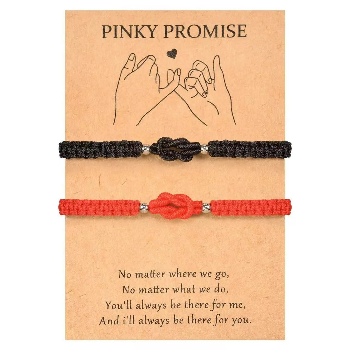 Two bracelets, one black and one orange, featuring a love knot design.