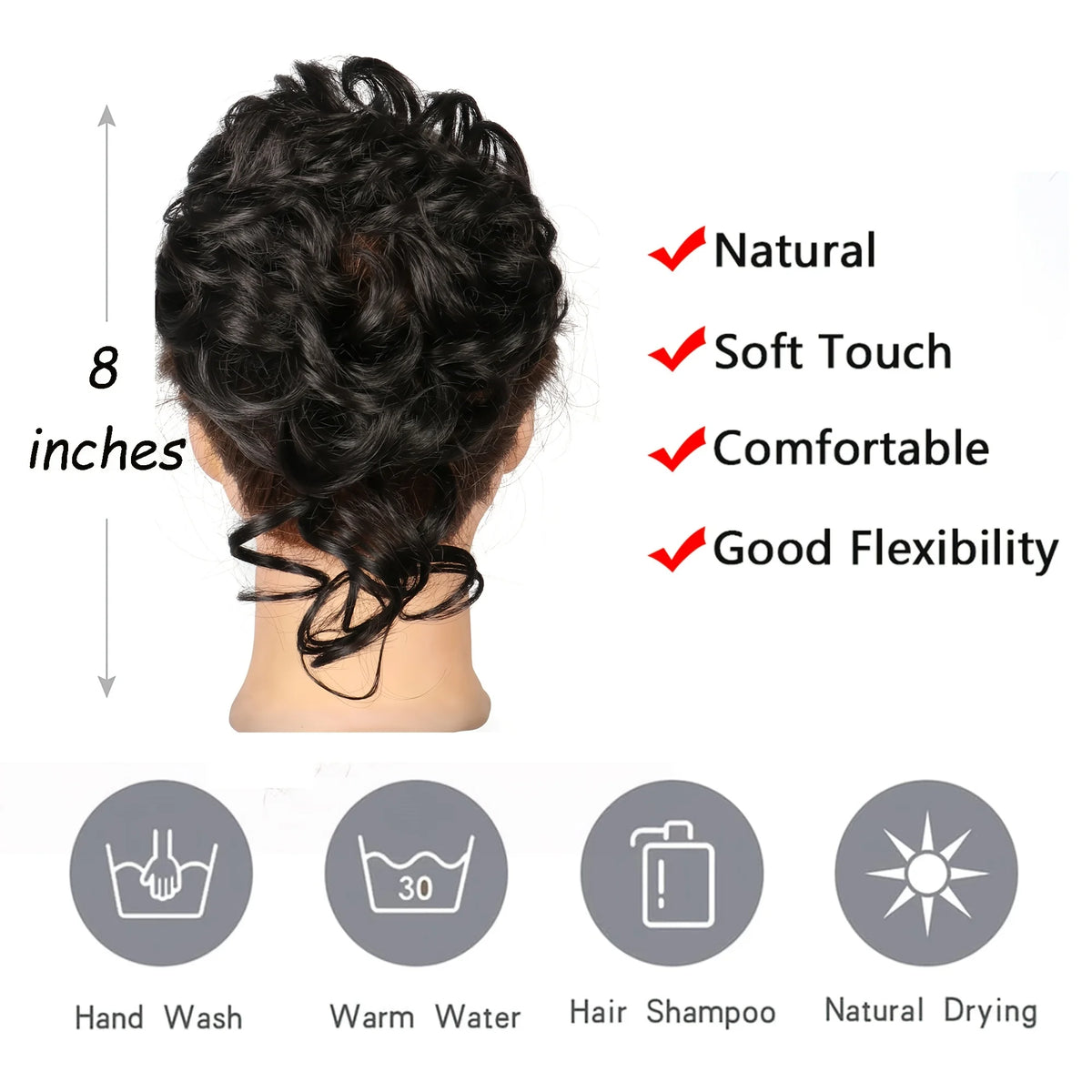 A black messy hair bun is shown with features like natural feel, soft touch, comfort, and flexibility.