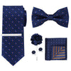 A set of men's formal tie and accessory featuring a blue patterned tie, bow tie, and pocket square.