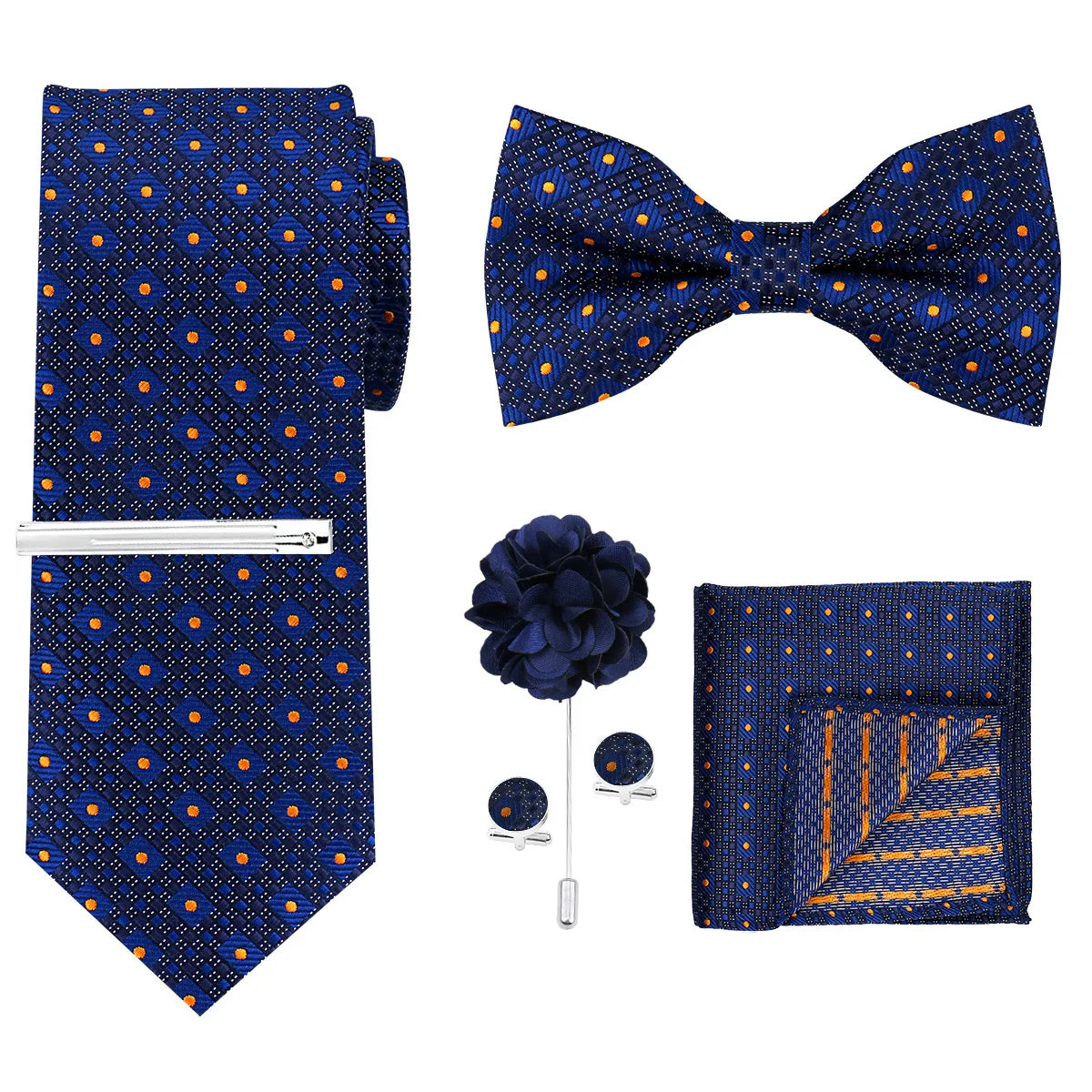 A set of men's formal tie and accessory featuring a blue patterned tie, bow tie, and pocket square.