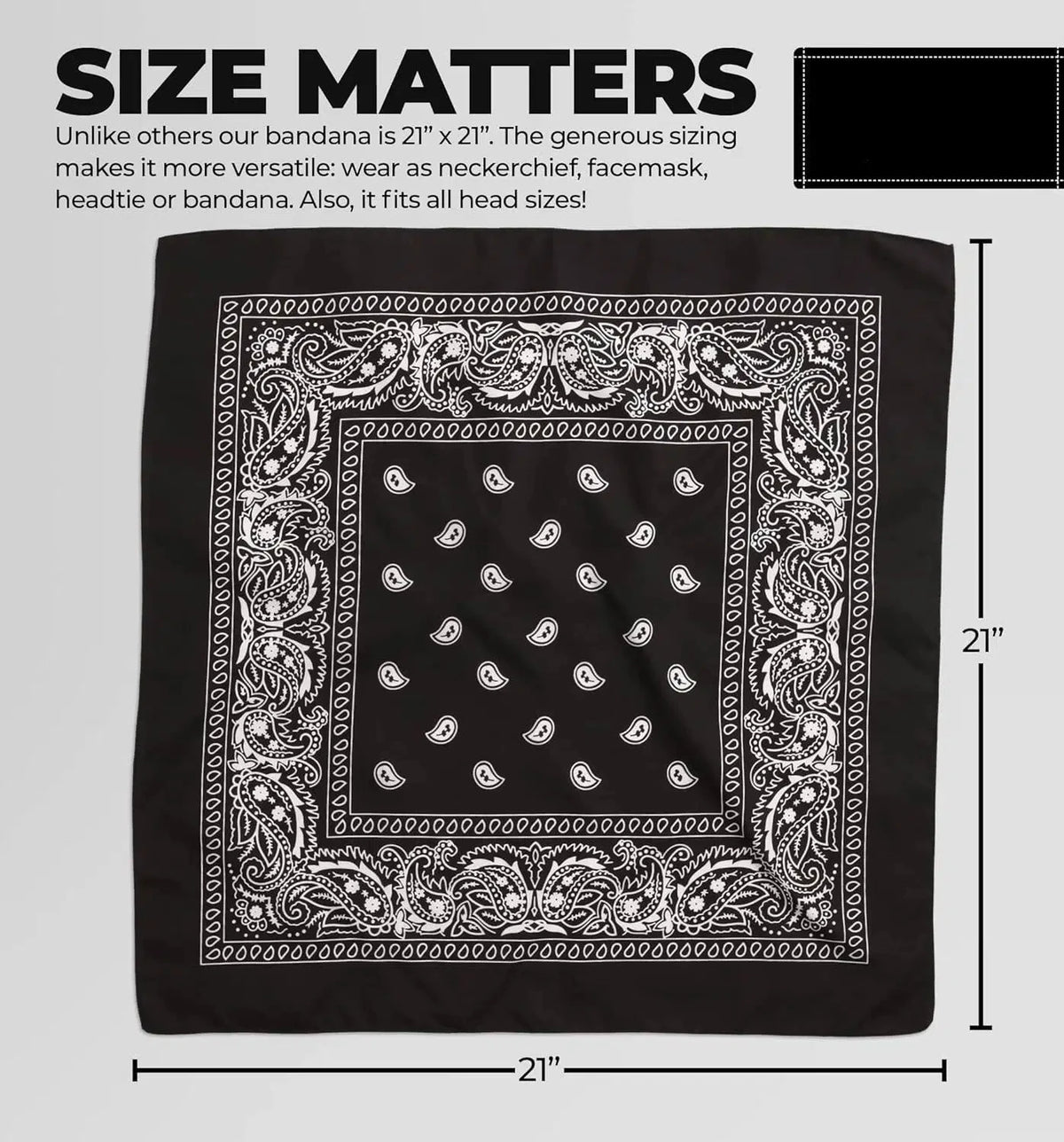 Black paisley bandana featuring white embroidery and decorative borders.