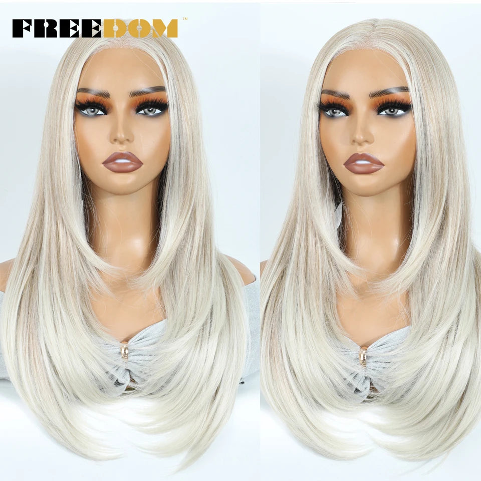 A close-up of a long, layered straight synthetic lace front wig in platinum blonde color displayed on a mannequin head.