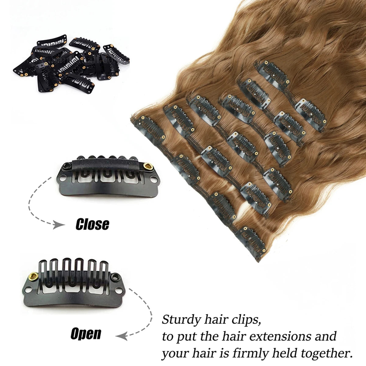 Black hair clips used to secure and hold synthetic hair extensions together