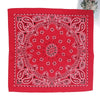 A red bandana scarf featuring intricate white paisley embroidery on a white background.