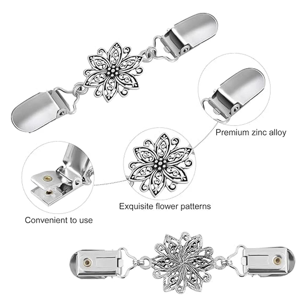 Silver vintage flower sweater clips featuring exquisite floral patterns for convenient use
