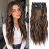 Long brown wavy hair with dark ombre highlights and decorative clips