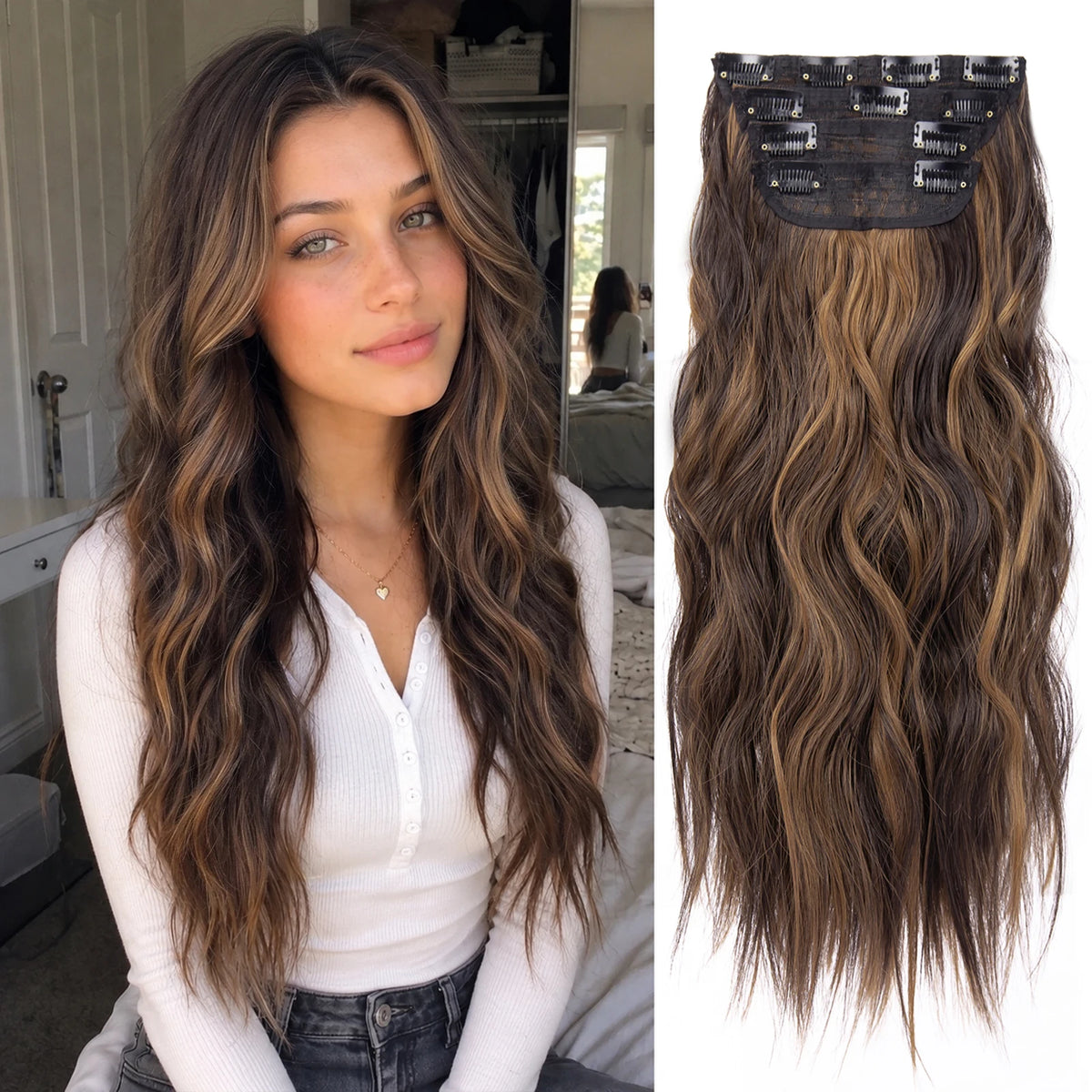 Long brown wavy hair with dark ombre highlights and decorative clips