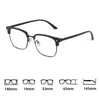 Clear anti-blue light eyeglasses frames shown with various measurements.