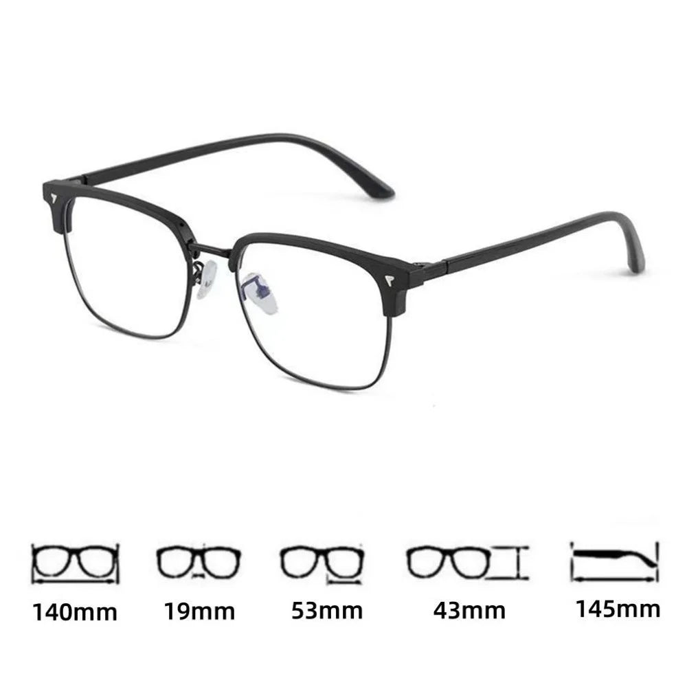 Clear anti-blue light eyeglasses frames shown with various measurements.