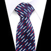 A navy blue and red striped silk necktie tied in a knot against a white shirt.