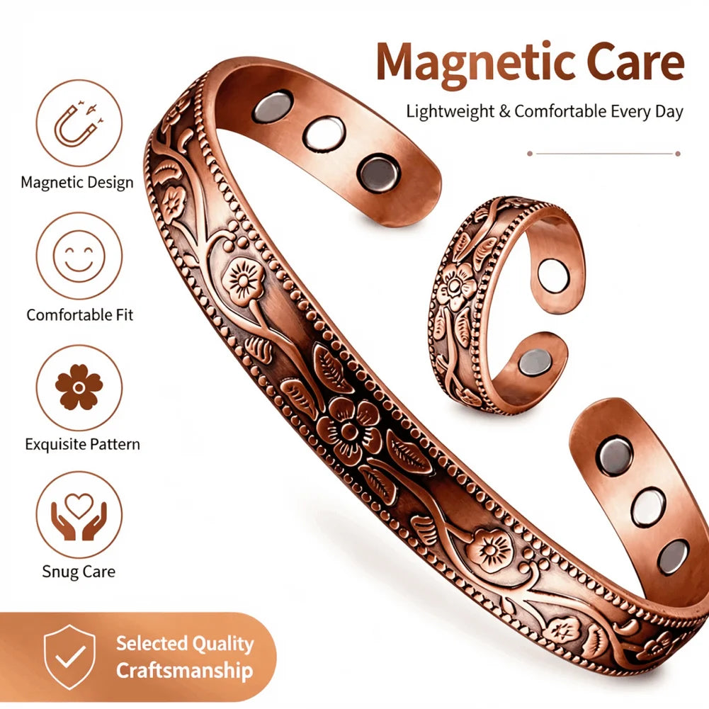 A copper bracelet featuring an exquisite floral pattern and magnetic design for daily wear.