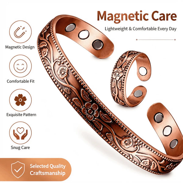 A copper bracelet featuring an exquisite floral pattern and magnetic design for daily wear.