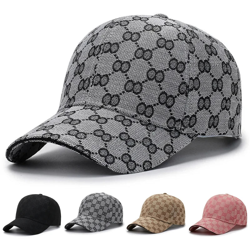 A variety of men's cotton dot pattern baseball caps in black, gray, tan, and pink are displayed.