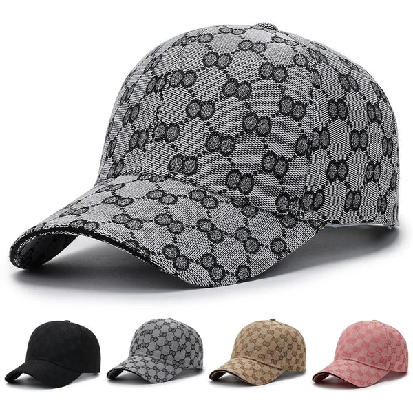 A variety of men's cotton dot pattern baseball caps in black, gray, tan, and pink are displayed.