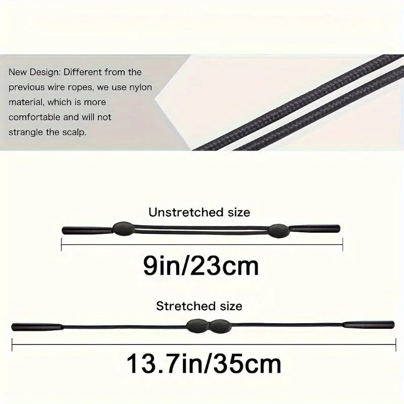 Silicone anti-slip eyeglass straps shown in unstretched and stretched sizes.