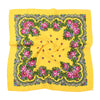 Yellow square scarf with a dense floral print featuring pink and purple roses and greenery.