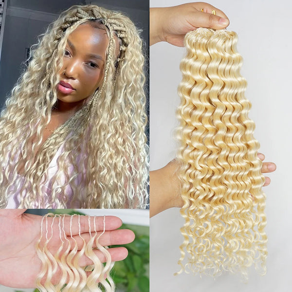 Close-up of long, wavy blonde human hair strands and a bundle of curly hair for braiding