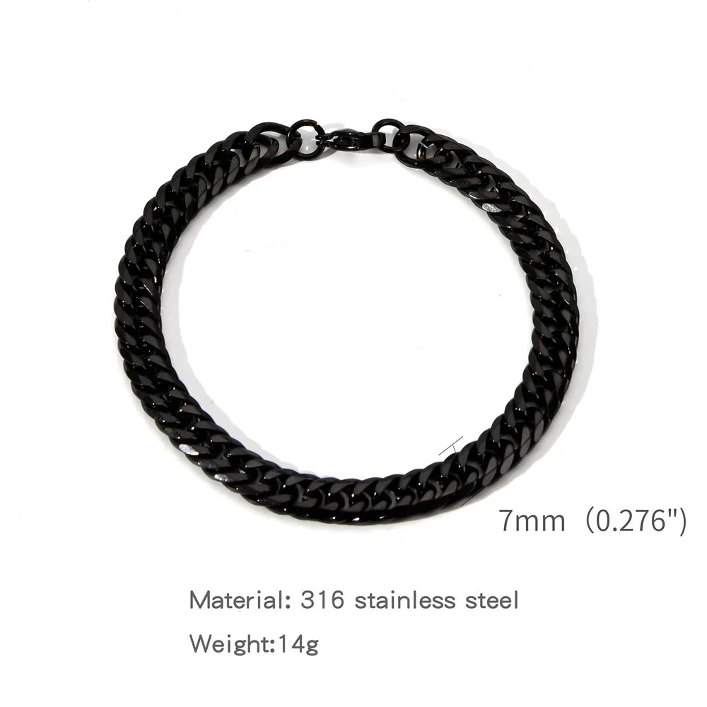 Black stainless steel Cuban link bracelet with a 7mm chain and 14g weight