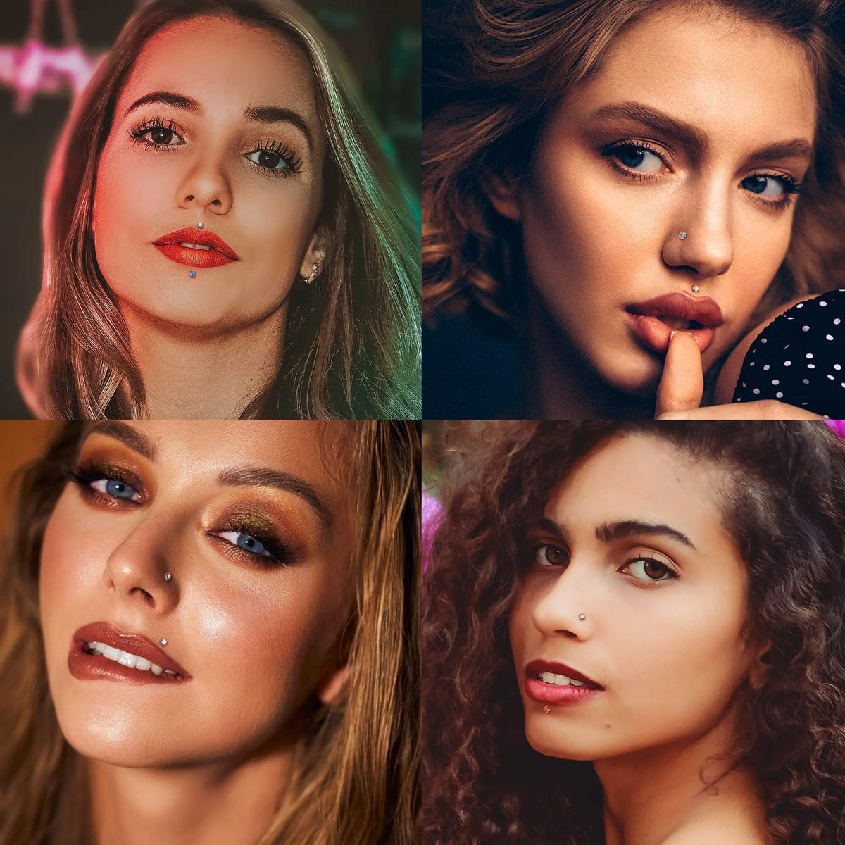 A collage of four close-up portraits showing women with surgical stainless steel nose piercing studs.